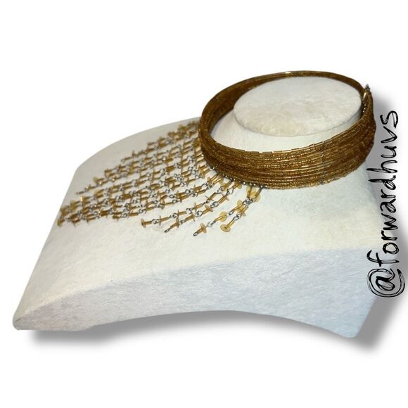 Statement Cuff Necklace & Bracelet Set – Gold Tone Beaded Fringe - Picture 8 of 11